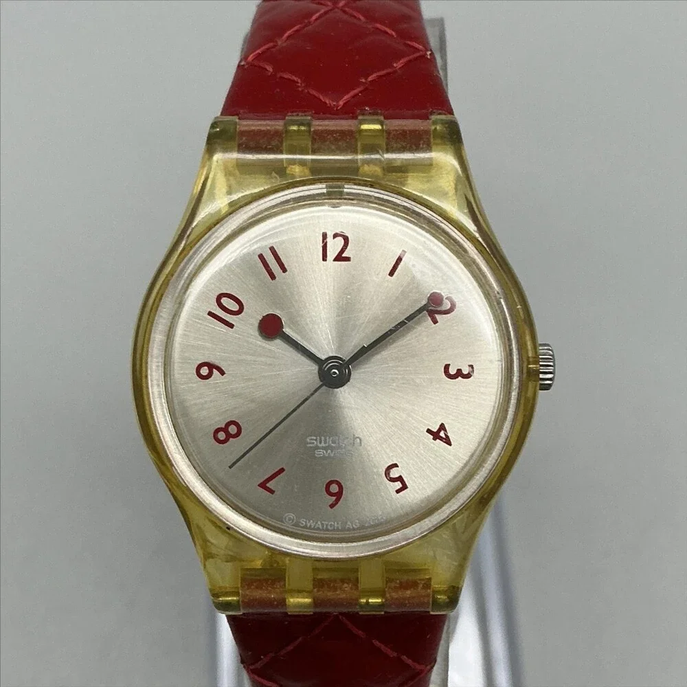 Vintage Swatch Womens Watch 25mm Silver Dial Yellow Case Red Leather Swiss